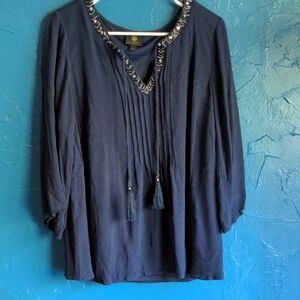 JM Collection Navy Blouse with Embellished V-Neck